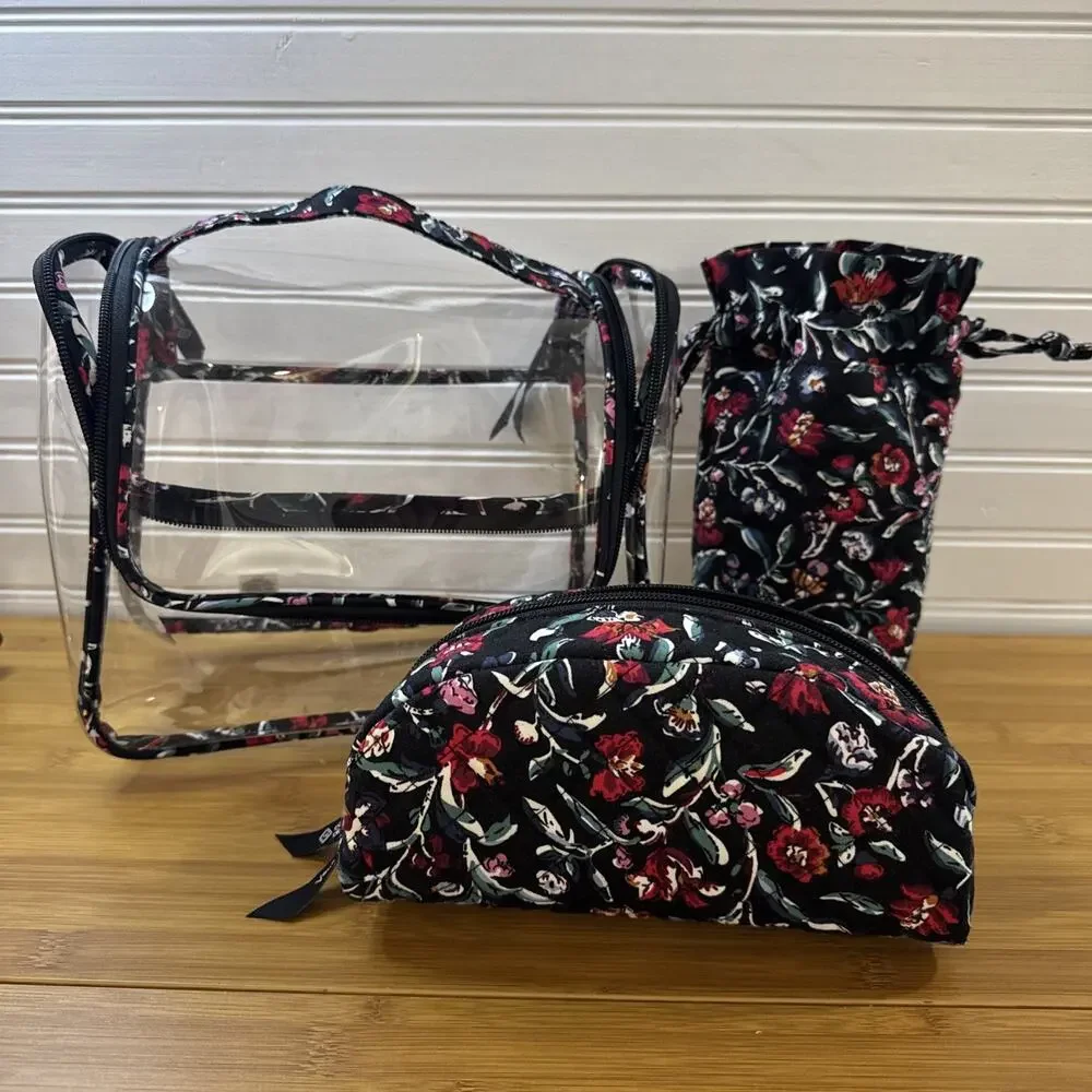 Vera Bradley Perennials Noir 3 Pc Cosmetic Case Set Makeup Travel Organizer